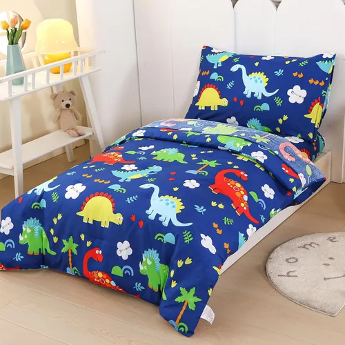 Miniatura 5 de Juegos de ropa de cama para niños pequeños para niños, juego de edredón Premium de 4 piezas de dinosaurio para niños pequeños, cama azul en una
