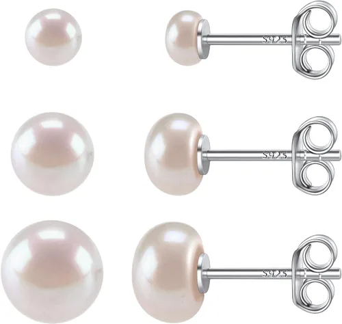 ChicSilver Aretes de perlas cultivadas de agua dulce blancas seleccionadas a mano de 0.157-0.472 in de plata esterlina para mujeres y niñas con
