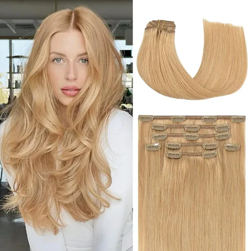 Miniatura 45 de Honsoo Extensiones de cabello humano real de color marrón con pinzas, marrón castaño, 15 pulgadas, 70 g, 7 unidades, cabello lacio sedoso y marrón