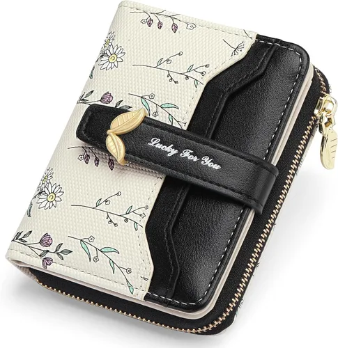 GAEKEAO - Billetera pequeña para mujer con bloqueo RFID, de cuero vegano, plegable, con estampado floral, monedero con bolsillo con cremallera y