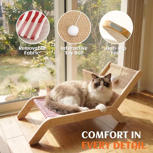 Miniatura 4 de PETKARAY Silla de playa para gatos, camas elevadas para gatos de interior, tumbona acogedora original con rascador de sisal y pelota de juguete Rojo
