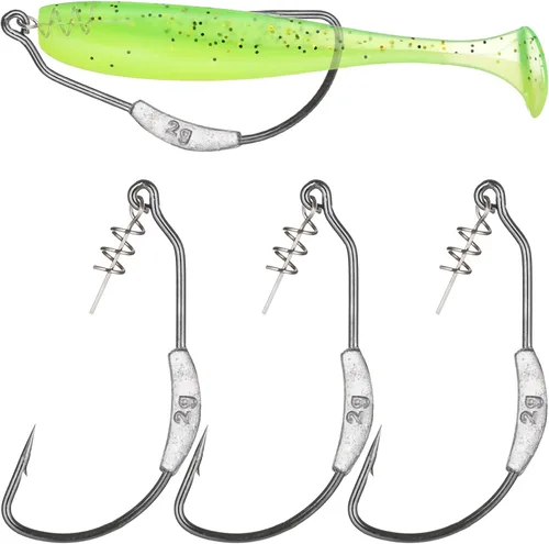 Twistlock Fishing Hooks with Weight, 25pcs Worm Hooks with Centering Pin Spring Weighted Swimbait Hooks for Soft Plastic Lures Baits Bass Fishing