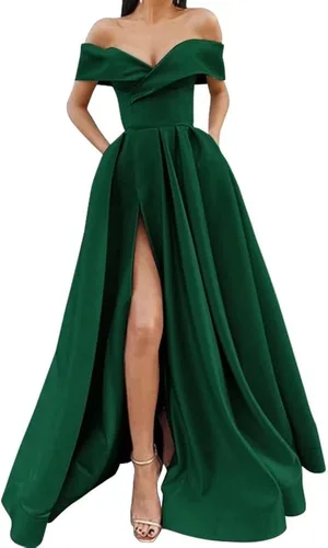 SoDigne Vestidos de graduación con hombros descubiertos y abertura larga para mujer, vestido de fiesta de noche formal de satén con bolsillos