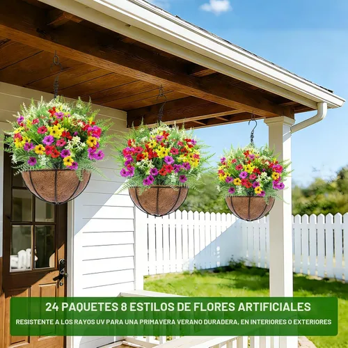 Miniatura 5 de 24 paquetes de 8 estilos de flores artificiales para exteriores, resistentes a los rayos UV, flores falsas de plástico sintético, coloridas