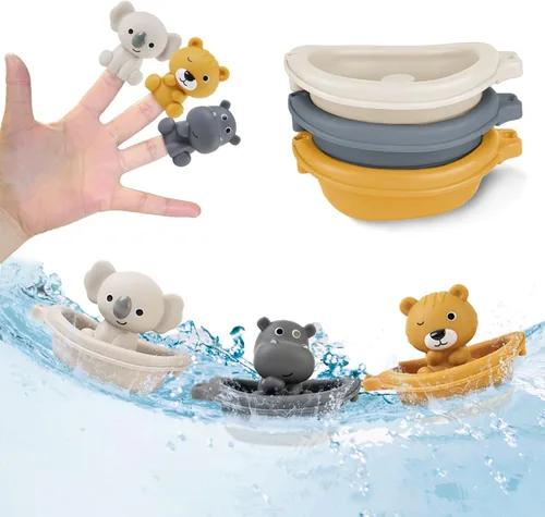 Miniatura 8 de Juguete de baño para bebé, apilable, juguetes de bañera para bebés, flotante, tren de barco con marionetas de dedo de animales, juguete de baño