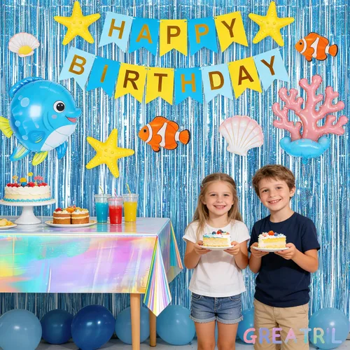 Miniatura 2 de Cortina de oropel azul para fiesta, cortina de papel de aluminio de GREATRIL para decoración de fiesta de congelado/sirena/bajo el mar/fiesta