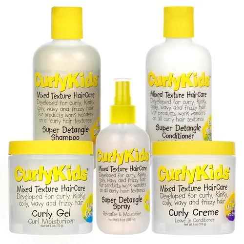 CurlyKids Paquete de spray súper desenredante con spray desenredante para el cabello, champú para niños, acondicionador, gel y crema para cabello