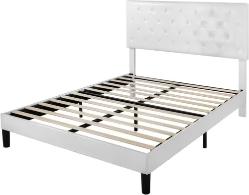 Miniatura 8 de IMUsee Base de cama tapizada de piel sintética tamaño Queen con cabecera capitoné con botón ajustable, listones de madera y soporte de rieles