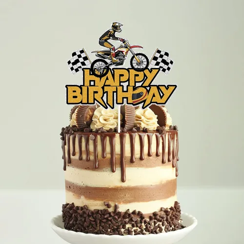 Miniatura 4 de Decoración para tartas con temática de cumpleaños, para motocicleta, con purpurina dorada.