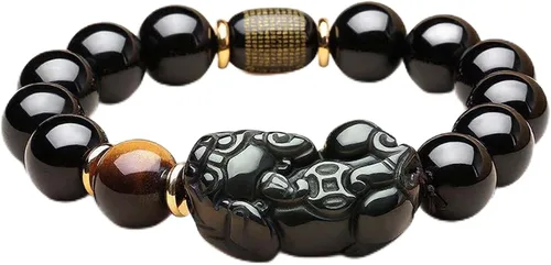 Miniatura 14 de Pulsera de obsidiana negra, pulsera de obsidiana negra Feng Shui para mujeres y hombres, pulsera elástica de obsidiana con piedra de ojo de tigre
