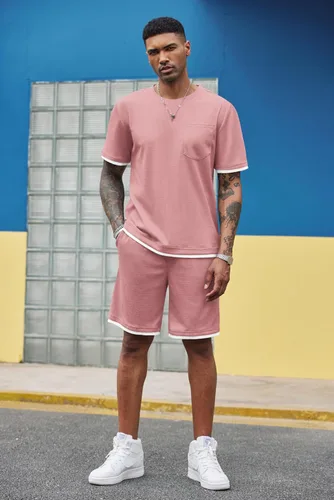 Miniatura 18 de COOFANDY Conjunto de camisa y pantalones cortos de gofre para hombre, conjunto de 2 piezas, conjunto casual de verano con bolsillos