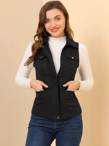 Miniatura 4 de Allegra K Chaqueta con cremallera y bolsillos para mujer, chaleco sin mangas tipo cargo
