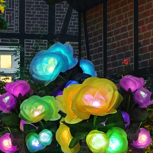 Solar Flowers Lights - Solar Garden Lights Outdoor Waterproof Yellow Rose, 40 Hours Color Changing Solar Powered Outside Decor Decoration for Yard