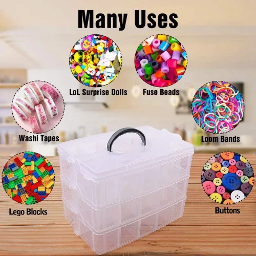 Miniatura 4 de SGHUO Caja de almacenamiento apilable de 3 niveles con divisores - 30 compartimentos, organizadores de cuentas para almacenamiento de manualidades