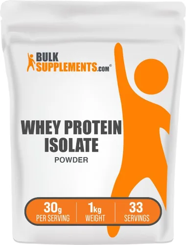 Polvo de aislados de proteína suero de leche de BulkSupplements. Aislados 90 % limpios y puros sin sabor para hombres y mujeres. Construye masa
