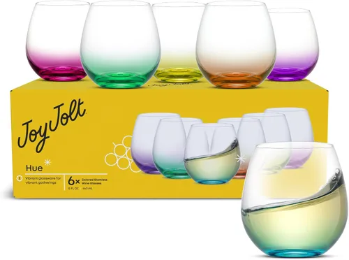 Miniatura 8 de Juego de copas de vino sin tallo JoyJolt Hue, juego de 6 copas de vino sin tallo grandes de 15 oz para agua, vino blanco o tinto, vasos cortos