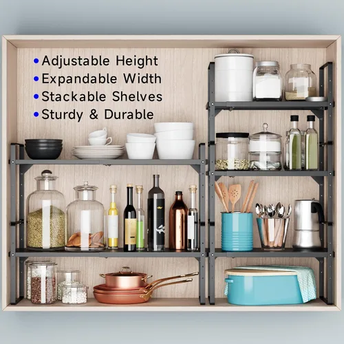 Miniatura 6 de Organizador de estante expandible para gabinete, almacenamiento apilable para mostrador de despensa de cocina, soporte ajustable para armario