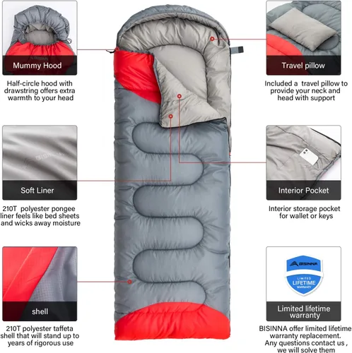 Miniatura 3 de BISINNA - Saco de dormir con almohada - Saco de dormir para 4 estaciones, ligero, impermeable, cálido y lavable para adultos, niños, mujeres, Gris