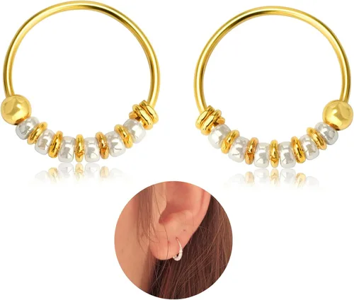 Miniatura 11 de Creations - Par de aretes de aro hechos a mano con cuentas de cartílago pequeño de 0.394 pulgadas, plata de ley 925, cuentas de color blanco, aros
