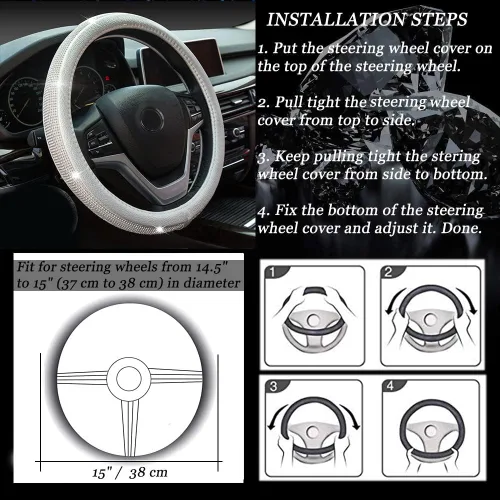 Miniatura 5 de Nueva funda de volante de cuero con diamantes de imitación y cristales brillantes, protector de rueda de auto de 15 pulgadas de ajuste universal