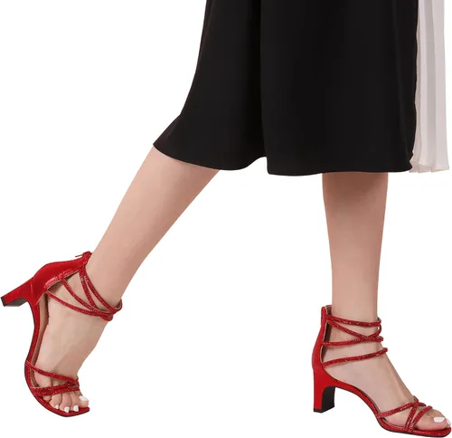 Miniatura 5 de DREAM PAIRS Tacones negros para mujer, tacón bajo con diamantes de imitación gruesos, puntera abierta, sandalias de vestir para novia, boda, fiesta