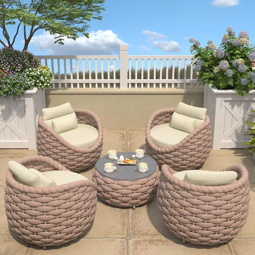 Miniatura 27 de TWT 3-Piece Woven Rope Patio Furniture Set, 2 Outdoor Armchairs with Soft Cushions + Round Aluminum Coffee Table, All-Weather Conversation Set for