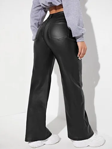 Miniatura 2 de MakeMeChic Pantalones de mezclilla de pierna recta con bolsillos de cintura alta para mujer
