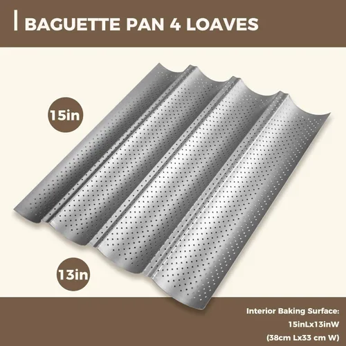 Miniatura 3 de KITESSENSU Moldes antiadherentes para baguettes para hornear pan francés, bandeja de panadería perforada para 4 baguettes, 15" x 13", plateado