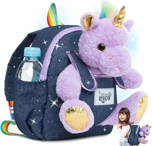 Naturally KIDS Mochila para niños y niñas con animales de peluche, regalos para niños de 3, 4, 5, 6, 7 años, 01 Pequeño unicornio morado,