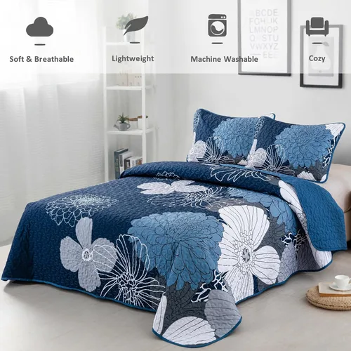 Miniatura 2 de Juego de edredón de 3 piezas con patrón floral azul marino, tamaño Queen, juego de ropa de cama reversible de microfibra con patrón de flores