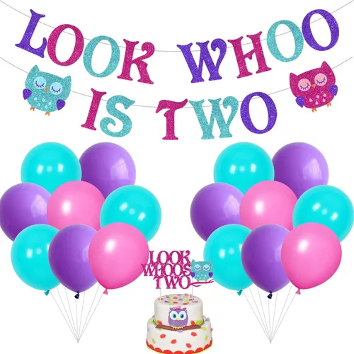 Miniatura 7 de Decoraciones de fiesta de primer cumpleaños de búho de dibujos animados para niños y niñas con Look Who's Turning One, globo de látex, decoración