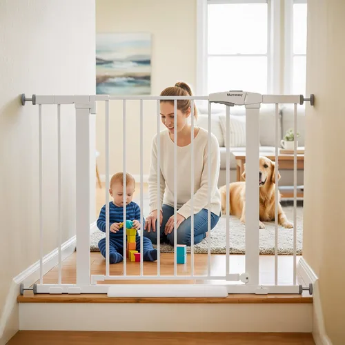 Miniatura 19 de Mumeasy Puerta de bebé de 29.7-46 pulgadas para escaleras, puerta de perro montada a presión para puertas, puerta de cierre automático a través