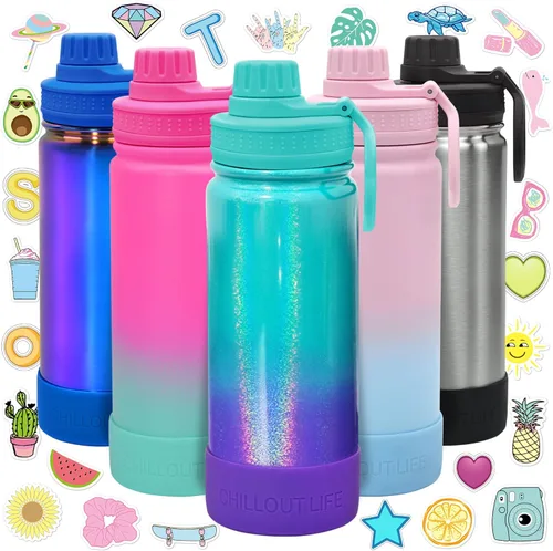 Miniatura 19 de CHILLOUT LIFE Botella de agua aislada para niños de 12 onzas para la escuela con tapa de boquilla a prueba de fugas y bonitas calcomanías Azul