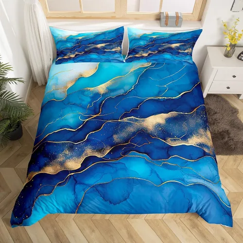 Miniatura 15 de Erosebridal Juego de ropa de cama de mármol líquido azul aguamarina, funda de edredón con estampado de mármol con patrón de mármol abstracto, juego