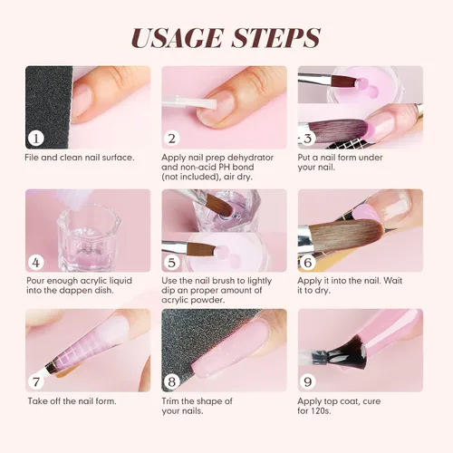 Miniatura 7 de Saviland Kit de iniciación de uñas acrílicas: polvo y líquido acrílico rosa claro nude, cepillo, limas, formularios, uñas a presión, juego