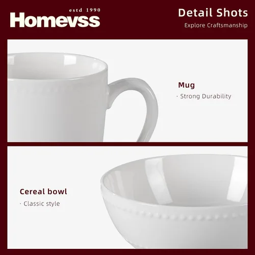 Miniatura 6 de HomeVss, nuevo juego de vajilla de porcelana de hueso, diseño de perlas en relieve, juego de vajilla de 40 piezas