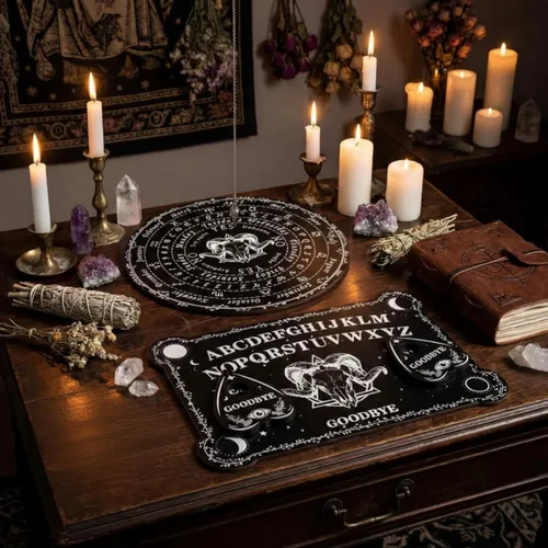 Miniatura 4 de Threan Tabla de adivinación de péndulo para radiestesia con conjunto de amatista, tabla de hablar de espíritu de madera, mensaje metafísico, collar