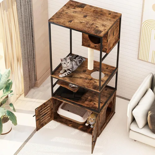 Miniatura 4 de AWQM Caja de arena grande para gatos, torre de árbol de 3 niveles con cuenco de alimentación elevado, postes rascadores, baño oculto, condominio