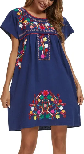 Miniatura 6 de YZXDORWJ - Vestido mexicano bordado de manga corta para mujer