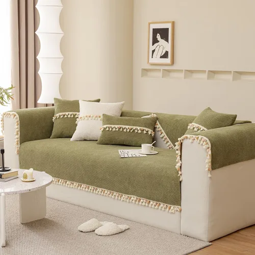Miniatura 3 de vctops Funda de sofá bohemia con borlas con pompones, funda de sofá modular de pana súper suave, antideslizante, lavable, protector de muebles Verde