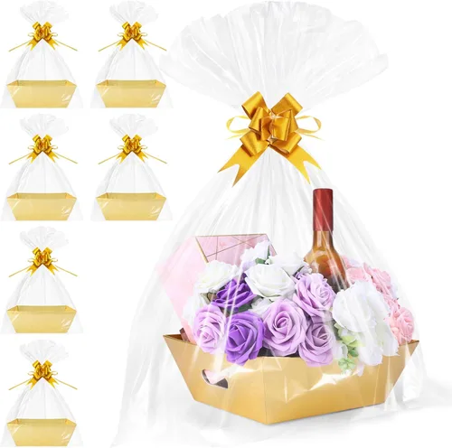 Miniatura 26 de AFOROEOA Paquete de 10 cestas vacías para regalos, cesta de regalo de papel kraft de 10 x 12 pulgadas de grosor con 10 lazos, 10 bolsas vacías