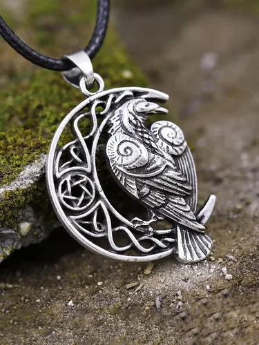 Miniatura 3 de HAQUIL Raven Collar Dije de cuervo celta vikingo Wicca Cordón de piel sintética, aleación, 2