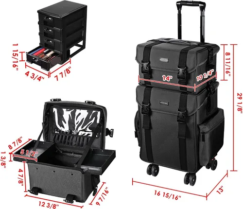 Miniatura 10 de Estuche con rueditas AW 2 en 1 para maquillaje, ligero, color negro, de tela oxford, 15x11x25 pulgadas, bolsa para cosméticos con cajones