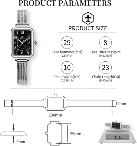 Miniatura 3 de Reloj cuadrado para mujer, pulsera de malla de acero inoxidable, rectangular, reloj de vestir para mujer, reloj de pulsera analógico de cuarzo
