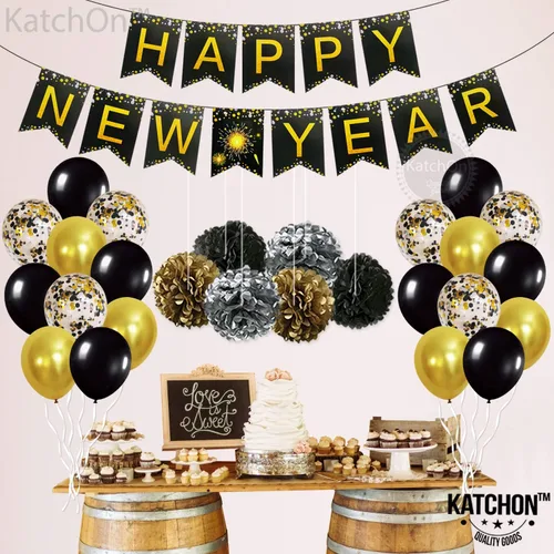 Miniatura 6 de KatchOn, Suministros para fiestas de Año Nuevo 2026 – Paquete de 34 Cartel de feliz año nuevo de 10 pies con pompones Fondo negro y dorado