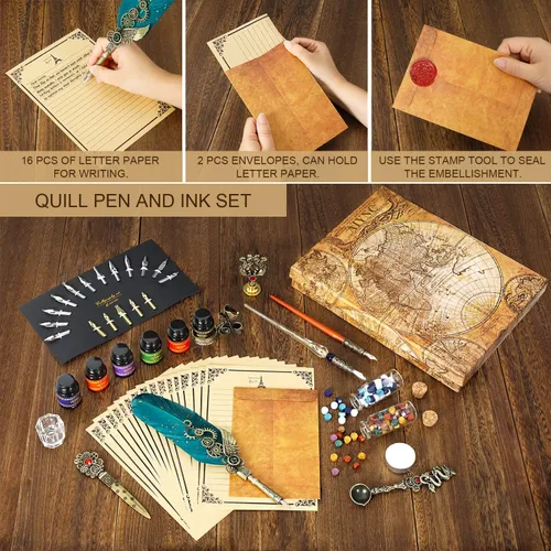 Miniatura 6 de Juego de tinta de pluma con pluma estilográfica, pluma estilográfica de madera, pluma estilográfica de vidrio, 6 botellas de tinta, papel de 16 Verde
