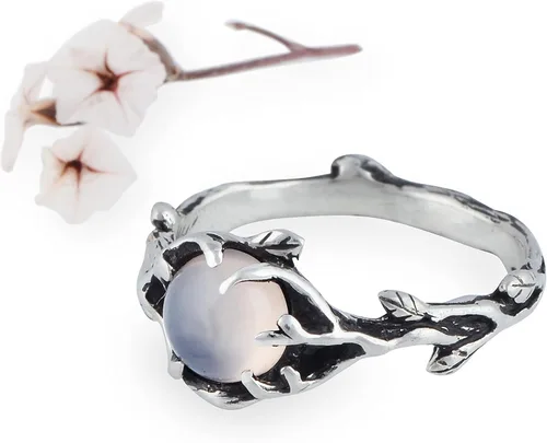 BlackTreeLab Women’s Rose Quartz Ring “April”- Floral Themed 925 Sterling Silver Rings for Women- Promise Rings for Her- Vintage Rings- Promise Ring