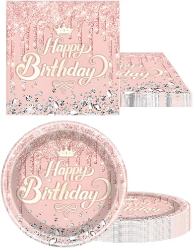 Miniatura 5 de Juego de vajilla de fiesta rosado oro rosa, tema de feliz cumpleaños rosado, 20 platos y 20 servilletas y manteles de 71'' x 42'' para niñas