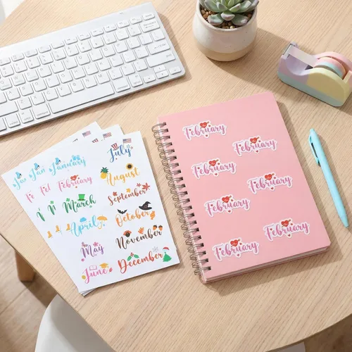 Miniatura 7 de Epakh 12 hojas de calcomanías para planificador mensual, calcomanías de diario con pinzas para codo, calcomanías creativas para calendarios