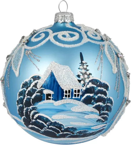 Miniatura 42 de Adorno navideño de capilla azul con soporte, bola de vidrio soplado polaco pintada a mano, bola extra grande de 8 pulgadas/200mm, adorno de fe eterna